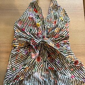 Zara Woman Black and White Striped Floral Tie-Front Halter Top